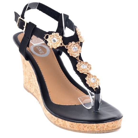 ONE Shoes - Women's Wedge Thong Sandals, Black